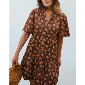 Tuckernuck Brown Rosewood Chinz Floral Flutter Sleeve Tiered Mini Dress Size S